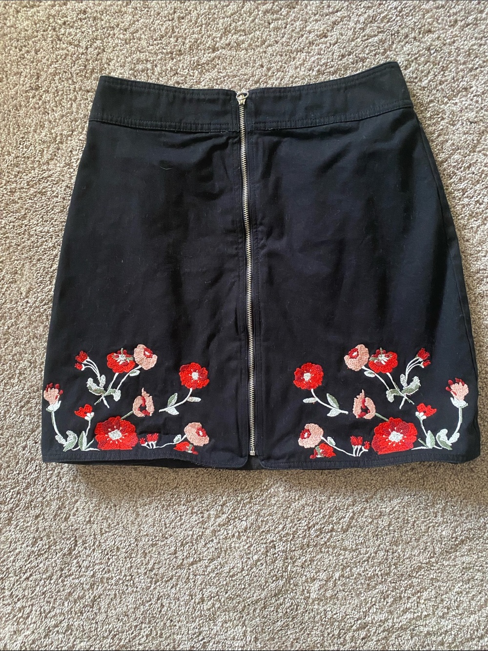 Loft Black Embroidered Floral Zip-Front Skirt